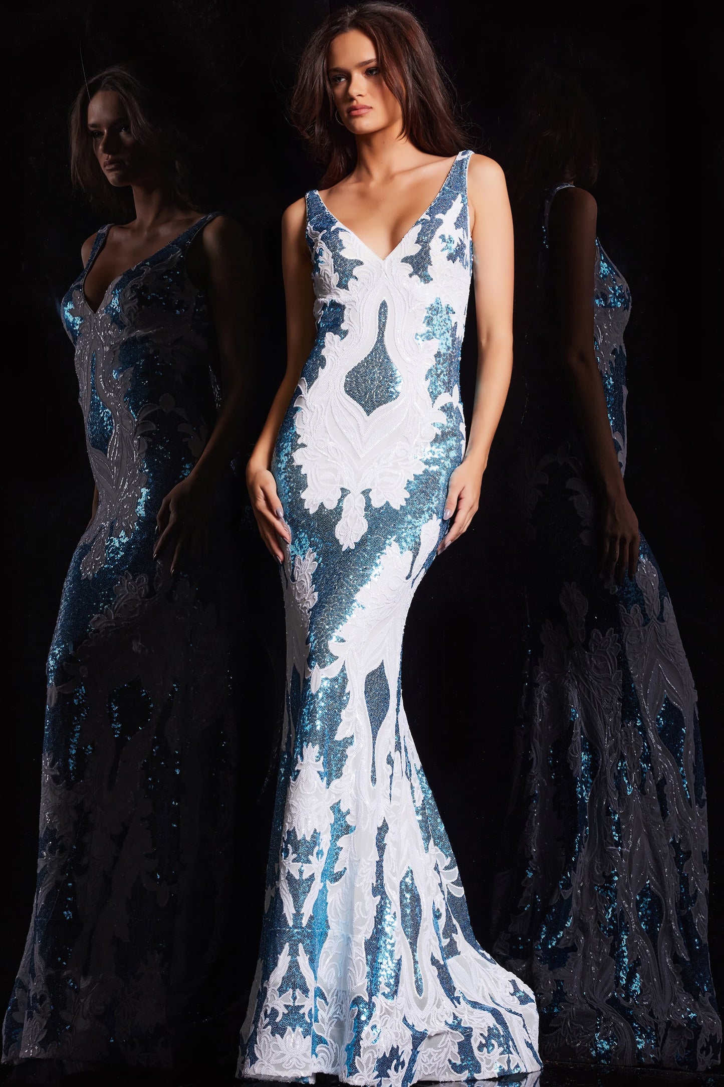 Jovani 23319 Ivory/Silver Sequin Embellished Open Back V-Neck Mermaid Prom Dress