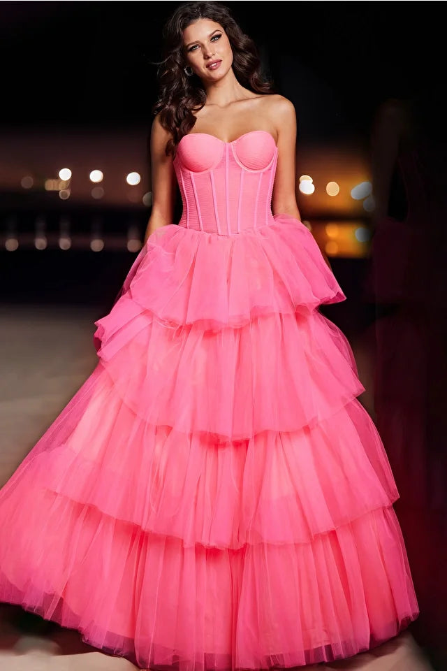 Jovani 37062 Hot Pink Prom Dress Corset Bodice Tiered Ruffle Ball Gown Skirt Formal Pageant Gown