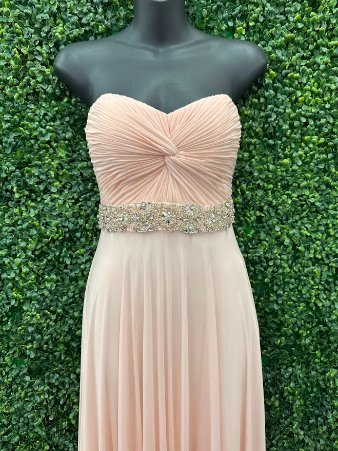 ﻿Jovani JVN27139 Beautiful strapless long dress features a sweetheart neckline with a ruched twist bodice and crystal embellished waistline adornment long prom dress pageant gown evening dress.  Perfect for a military ball or gala!   Blush size 0 