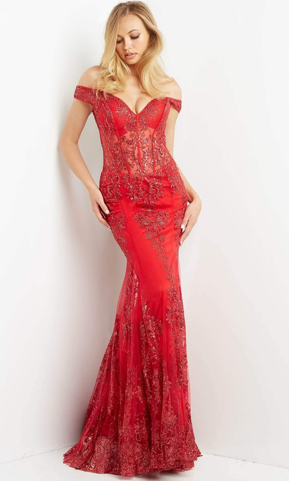 This Jovani 06369 red mermaid evening gown exemplifies sophisticated formal wear craftsmanship. The structured sheer corset bodice showcases precision sequin embellishment, while strategically placed off-the-shoulder straps provide both visual interest and refined support. Tailored for Size 12, the mermaid silhouette creates an elegant, elongated line ideal for prom and black-tie occasions. The combination of sheer detailing and sequin work demonstrates expert design execution for discerning guests seeking 