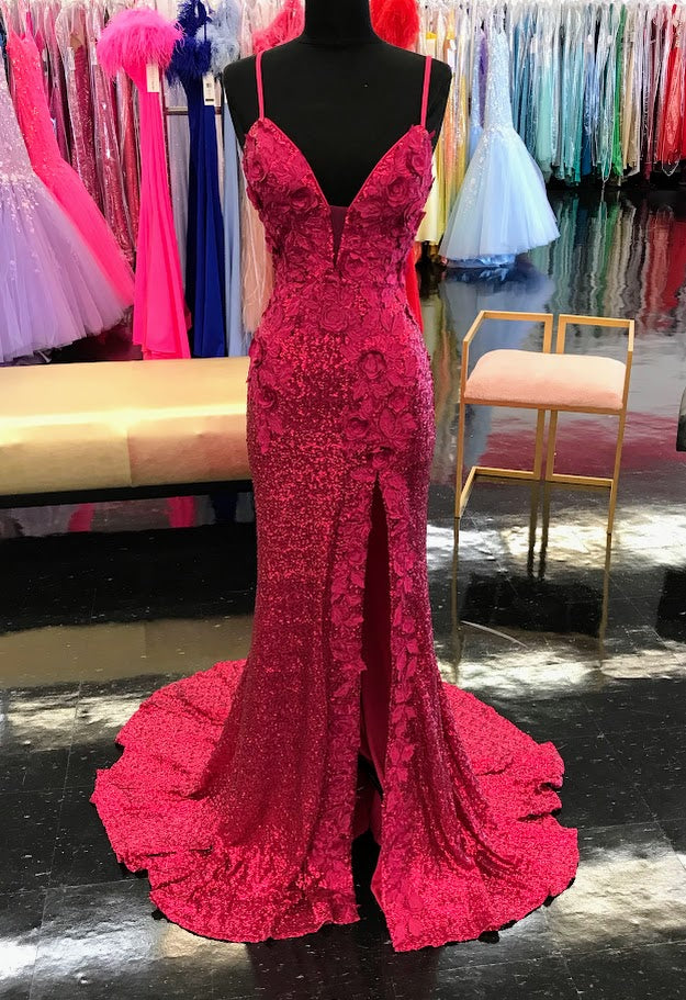 Jovani 1012 This is a Delicate all over sequin Embellished Prom Dress in Raspberry with Floral Appliques. Features a plunging neckline &amp; Slit in the skirt. Small Train in Back.&nbsp;

Details:&nbsp;Sequin stretch fabric, floral appliques, fitted silhouette, high slit skirt with sweeping train, sleeveless bodice, plunging neckline with sheer mesh insert, low back with strap across for support, spaghetti straps over shoulders.
&nbsp;
Fabric:&nbsp;100% Polyester.
Fit:&nbsp;The Model is 5'9" Wearing 3" Heel