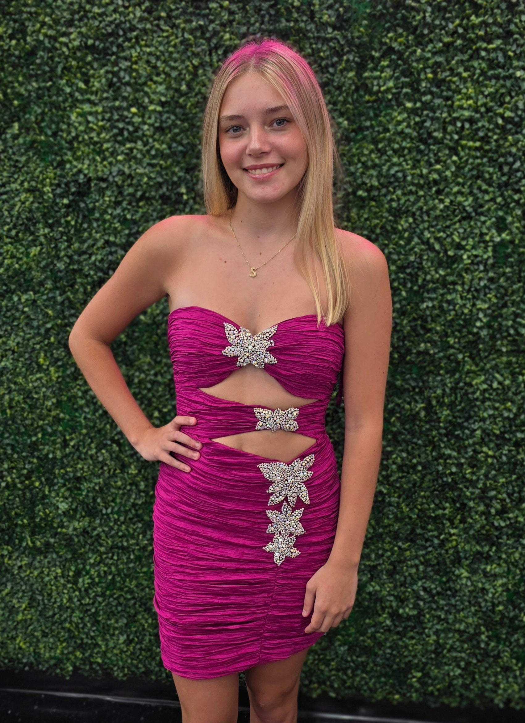 Jovani 40173 Size 0 Fuchsia Short Ruched Cut Out Crystal Cocktail Dres – Glass Slipper Formals