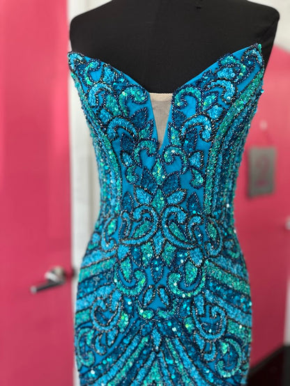 Jovani 38707 Size 0 Turquoise Beaded Strapless Peak Point Prom Dress Maxi Slit Pageant Gown Sequin Gown