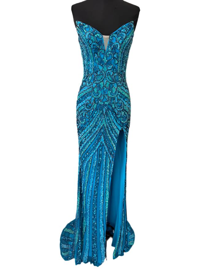 Jovani 38707 Size 0 Turquoise Beaded Strapless Peak Point Prom Dress Maxi Slit Pageant Gown Sequin Gown Jovani 38707 Size 0 Turquoise Beaded Strapless Peak Point Prom Dress Maxi Slit Pageant Gown Sequin Gown