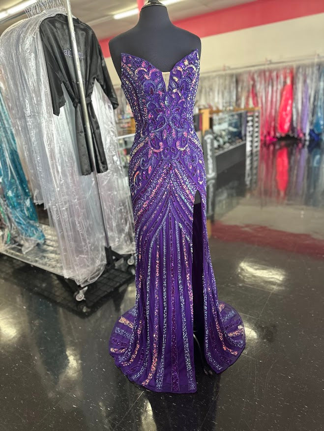 Jovani 38707 Size 16 Purple Beaded Strapless Peak Point Prom Dress Maxi Slit Pageant Gown Sequin Gown