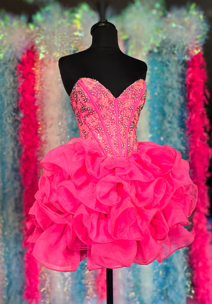 Jovani 39932 Hot Pink Short Beaded Corset Homecoming Dress Ruffle Skirt Crystal Strapless Cocktail Dress