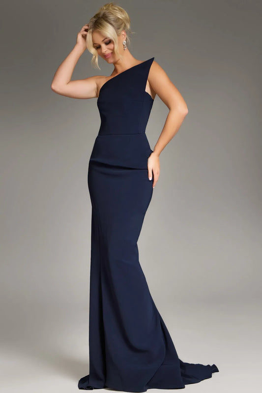 Jovani 40301 Navy One Shoulder Long Fitted Dress with Asymmetrical Neckline Evening Gown Mother of Gown