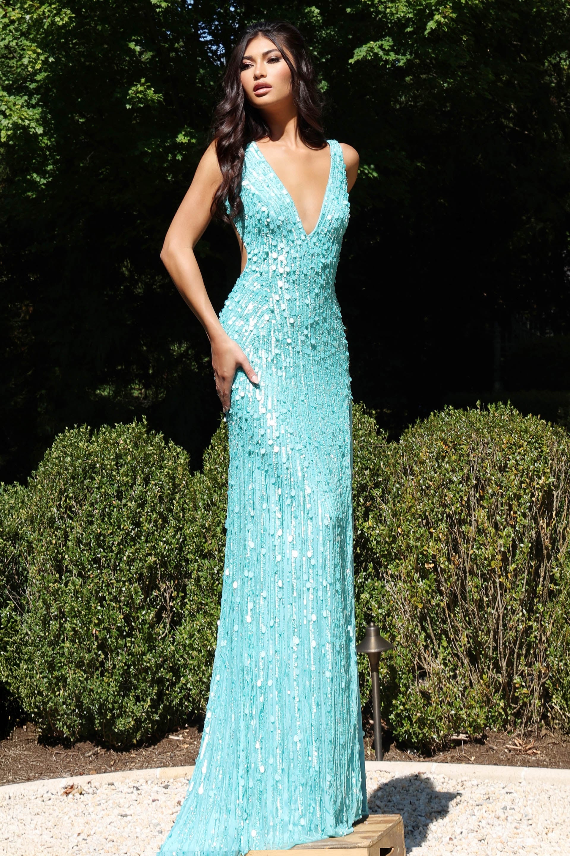 slim fit dress slacks Jovani 43623 Backless Beaded Prom Dress V Neckline Tight Fitted Sequins  Slit – Glass Slipper Formals