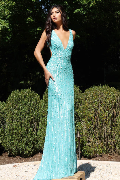 Jovani 43623 Backless Beaded Prom Dress V Neckline Tight Fitted Sequins Slit&nbsp;

Step into elegance with this stunning gown featuring a plunging neckline and sleeveless design. The fitted silhouette beautifully complements the high slit, adding a touch of allure. Intricate sequins adorn the entire dress, creating a mesmerizing shimmer. The open back enhances the sophisticated look, making this floor-length dress a masterpiece for any glamorous event.

Size: 00-14

Colors: Aqua, Red, Teal, Black/Gold, Whi
