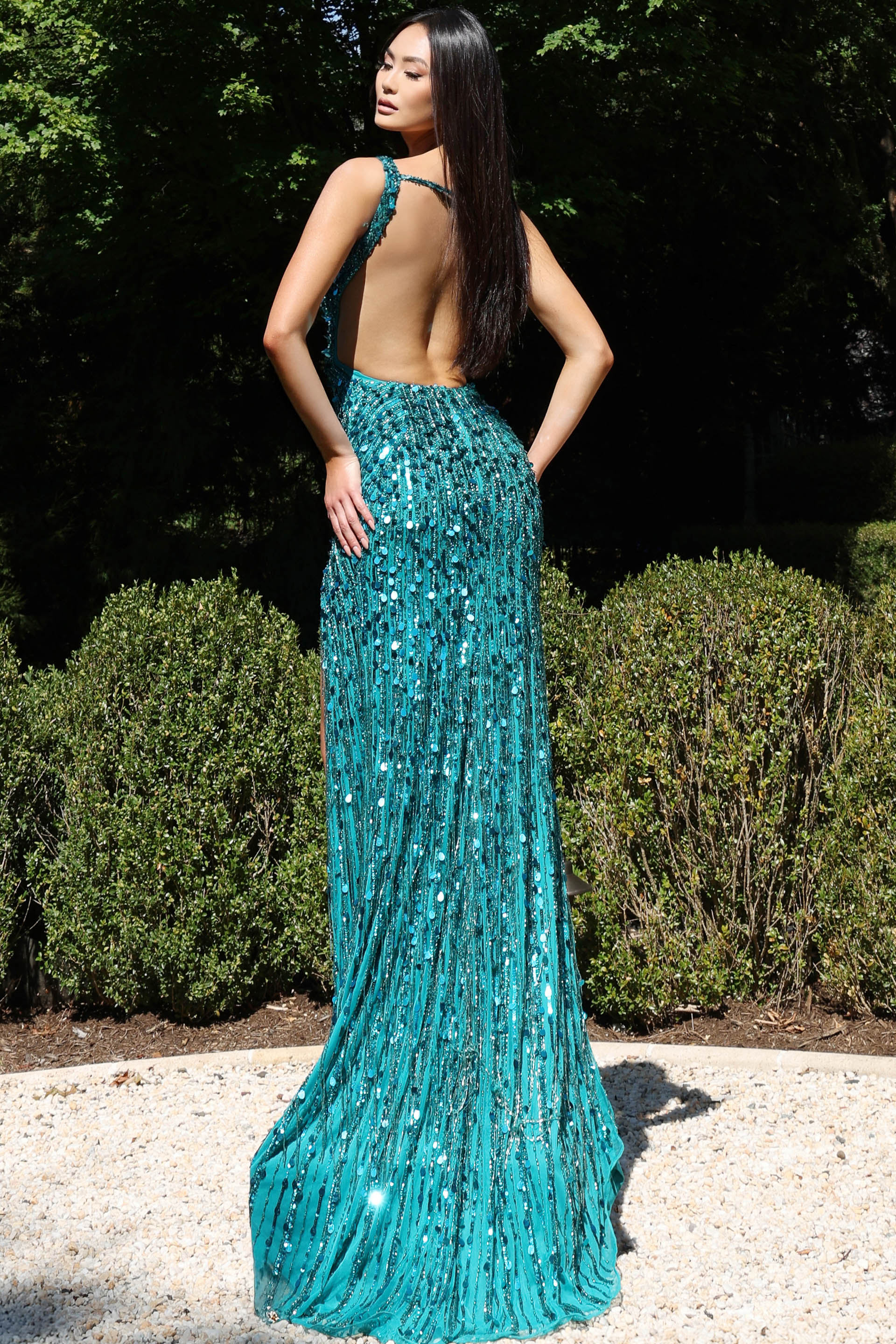 Jovani 43623 Backless Beaded Prom Dress V Neckline Tight Fitted Sequins Slit Aqua / 10