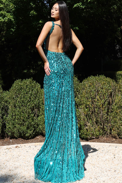 Jovani 43623 Backless Beaded Prom Dress V Neckline Tight Fitted Sequins Slit&nbsp;

Step into elegance with this stunning gown featuring a plunging neckline and sleeveless design. The fitted silhouette beautifully complements the high slit, adding a touch of allure. Intricate sequins adorn the entire dress, creating a mesmerizing shimmer. The open back enhances the sophisticated look, making this floor-length dress a masterpiece for any glamorous event.

Size: 00-14

Colors: Aqua, Red, Teal, Black/Gold, Whi