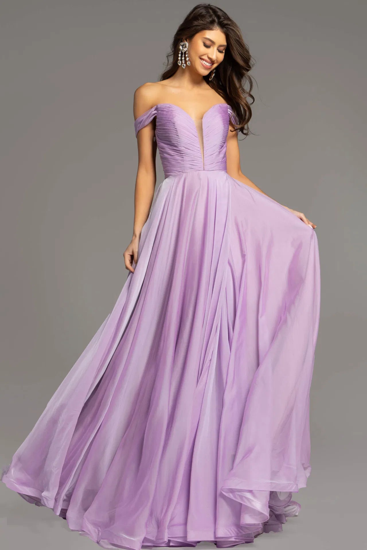 Jovani 43842 Lilac Long Maxi Slit A Line Backless Prom Dress Corset Chiffon off the shoulder Formal Gown