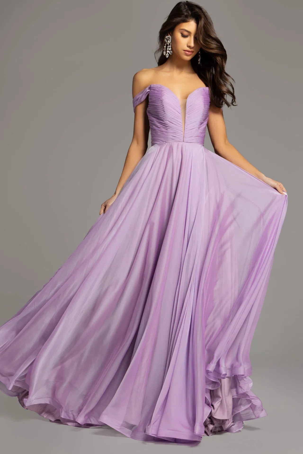 Jovani 43842 Lilac Long Maxi Slit A Line Backless Prom Dress Corset Chiffon off the shoulder Formal Gown