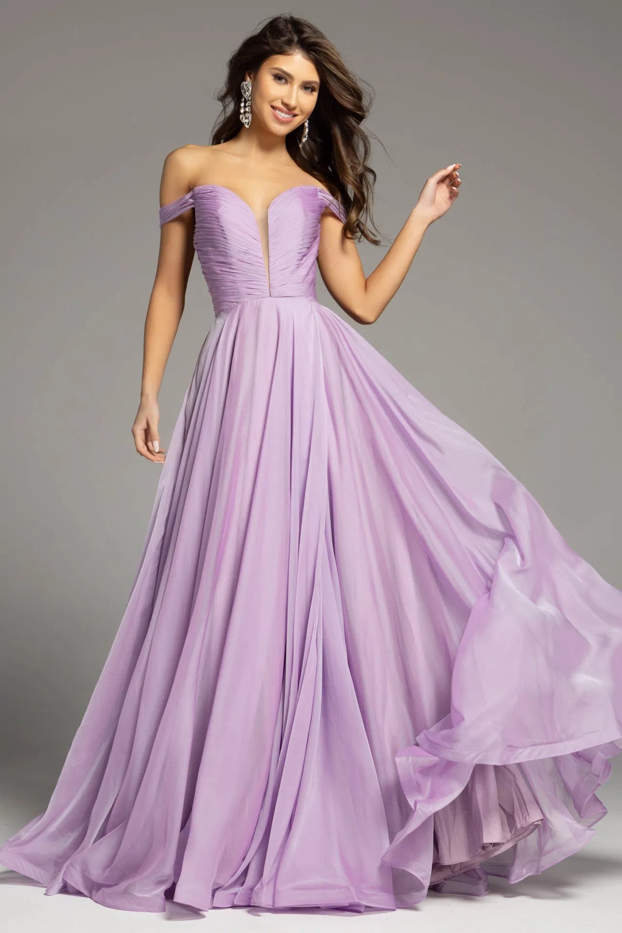 Jovani 43842 Size 14 Lilac Long Maxi Slit A Line Backless Prom Dress Corset Chiffon off the shoulder Formal Gown