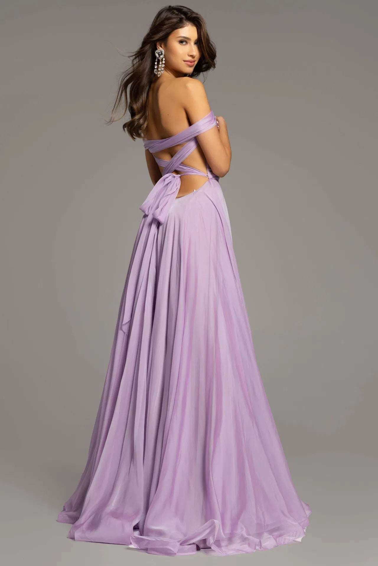 Jovani 43842 Lilac Long Maxi Slit A Line Backless Prom Dress Corset Chiffon off the shoulder Formal Gown