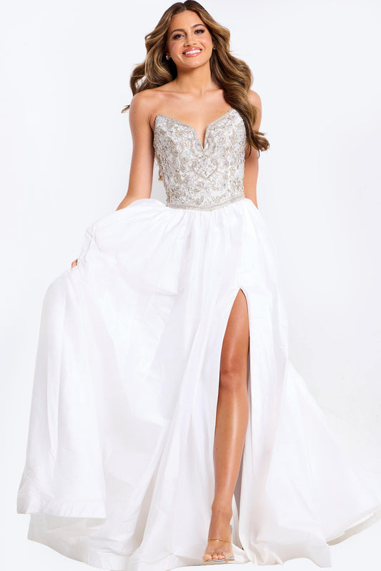 Elevate your pageant or prom look with the Jovani 49247, a stunning beaded ballgown designed to turn heads. This A-line silhouette features a crystal-embellished V-neck bodice with strapless construction for a sophisticated, glamorous appearance. The maxi length with dramatic slit provides elegant movement and floor-sweeping drama. Perfect for pageants, proms, and formal events where you want to make an unforgettable impression.

Sizes: 00-14

Colors: Fuchsia, Royal, White, Silver