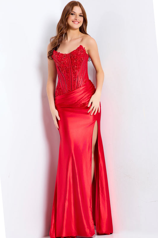 Jovani 50012 Red Fit and Flare Prom Dress Scoop Neckline Corset
