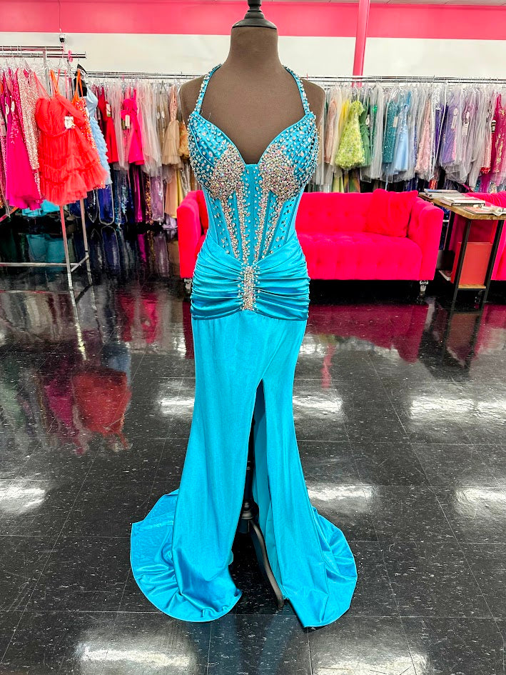 Jovani D5091 Crystal Corset Halter Prom Dress Pageant Gown Slit Ruched Waist Formal