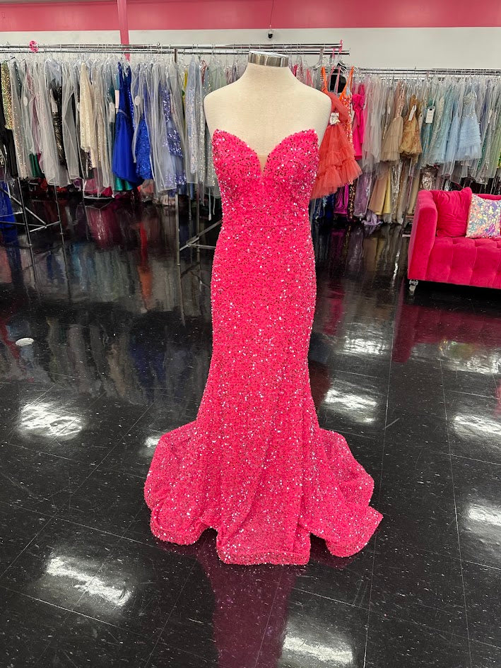 JVN23771&nbsp;&nbsp;Floor length sequin embellished prom&nbsp;dress form fitting silhouette, strapless bodice with plunging neckline, straight back.

Sizes: 10&nbsp;

Colors: hot pink