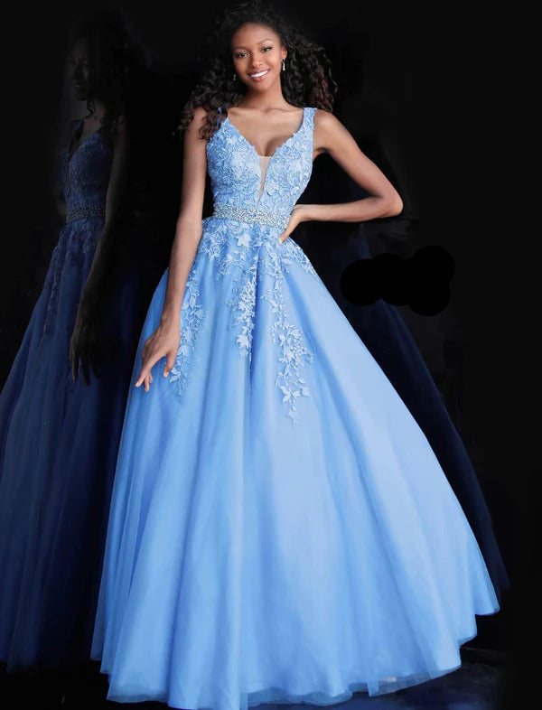 Jovani JVN68258 tulle embellished embroidered A line long prom dress ball gown informal wedding dress&nbsp; evening gown&nbsp;Floral embroidered tulle, embellished belt at waist, A line floor length skirt, fitted sleeveless bodice, plunging neckline with sheer mesh insert, V back.

Available Sizes:&nbsp;2, 10

Available Colors:&nbsp;Blue

Closure:&nbsp;Invisible Back Zipper. Hook and Eye Closure.
Fabric:&nbsp;100% Polyester
Fit:&nbsp;The Model is 5'9" Wearing 3" Heels.
Neckline:&nbsp; V
Waistline:&nbsp;Natu