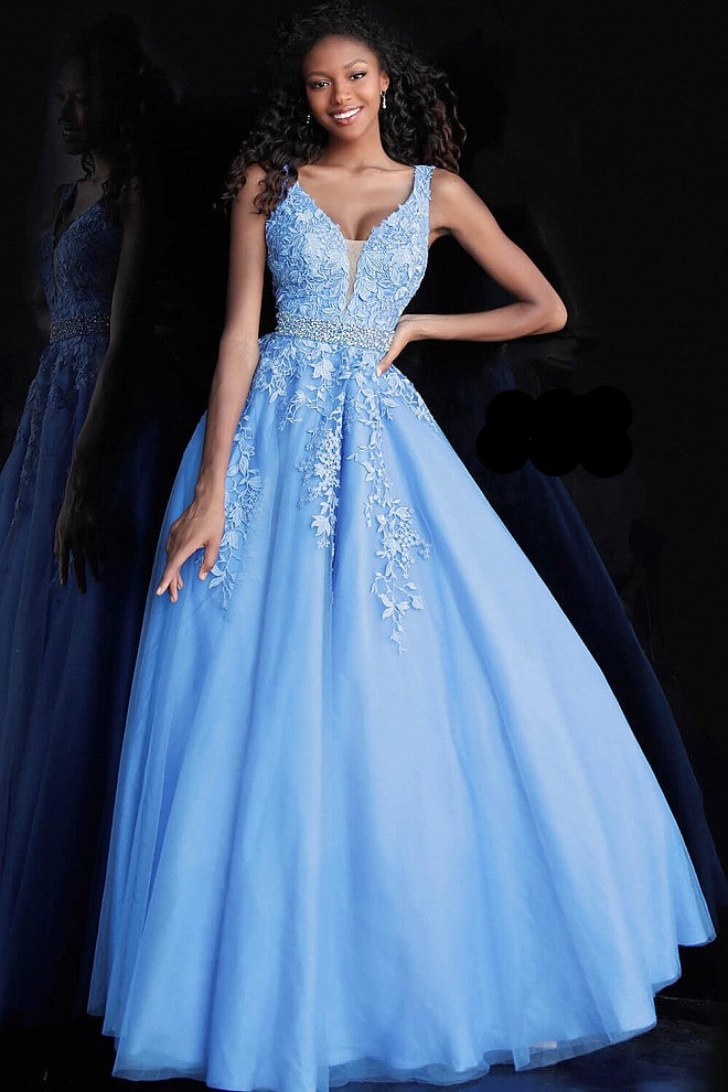 JVN68258 Blue tulle prom dress ball gown embroidered lace plunging neckline evening gown 