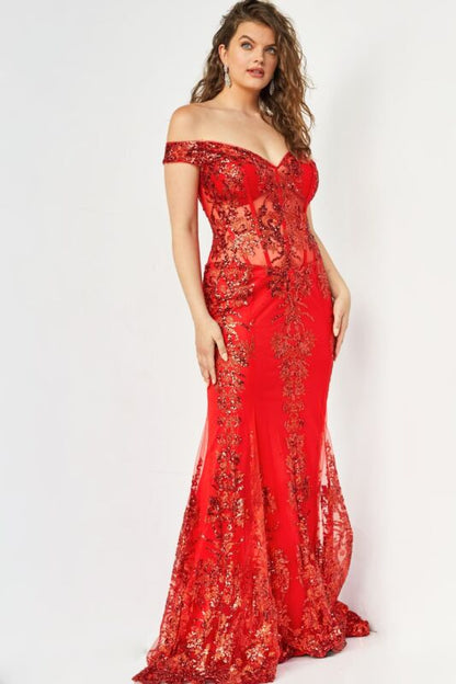This Jovani 06369 red mermaid evening gown exemplifies sophisticated formal wear craftsmanship. The structured sheer corset bodice showcases precision sequin embellishment, while strategically placed off-the-shoulder straps provide both visual interest and refined support. Tailored for Size 12, the mermaid silhouette creates an elegant, elongated line ideal for prom and black-tie occasions. The combination of sheer detailing and sequin work demonstrates expert design execution for discerning guests seeking 