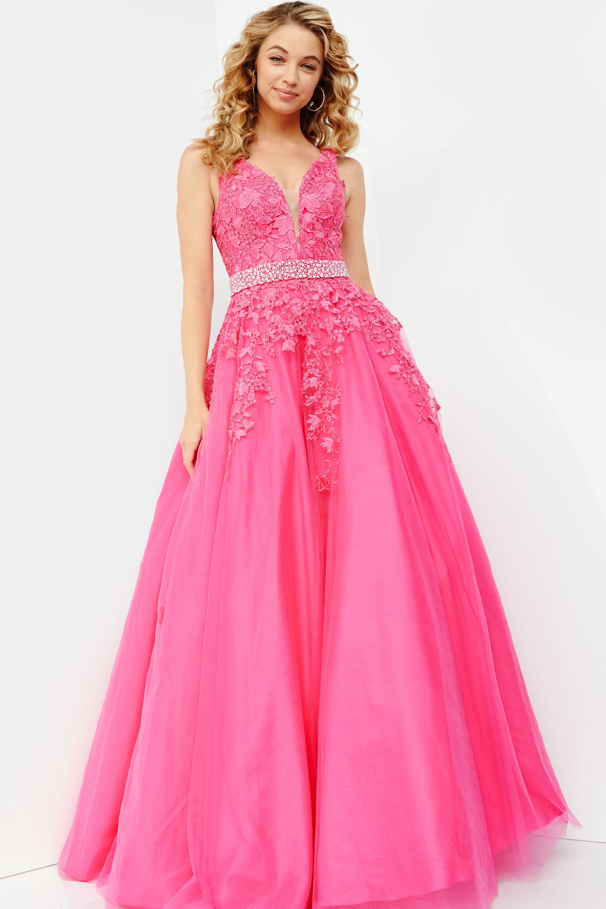 Jovani JVN68258 tulle embellished embroidered A line long prom dress ball gown informal wedding dress&nbsp; evening gown&nbsp;Floral embroidered tulle, embellished belt at waist, A line floor length skirt, fitted sleeveless bodice, plunging neckline with sheer mesh insert, V back.
