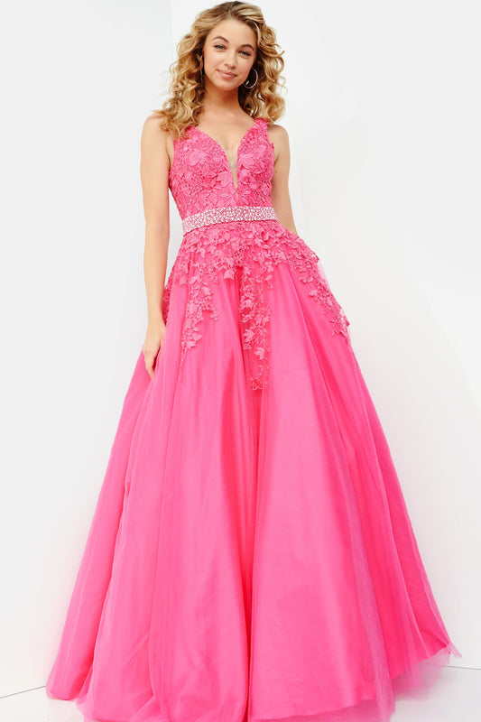 Jovani JVN68258 tulle embellished embroidered A line long prom dress ball gown informal wedding dress&nbsp; evening gown&nbsp;Floral embroidered tulle, embellished belt at waist, A line floor length skirt, fitted sleeveless bodice, plunging neckline with sheer mesh insert, V back.