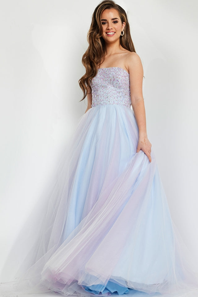 Jovani Kids K02229 This is a beautiful long tulle ballgown that has a straight neckline.  The top is fully embellished. This kids dress is great for tween or preteens for a pageant gown, spring formal or other formal events.