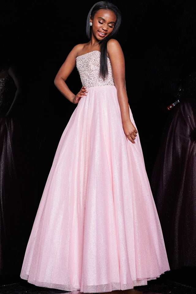 Pink Ball Gown Girls Sweet 16 , Tulle Rhinestone Long Prom Dress, Form –  Shiny Party