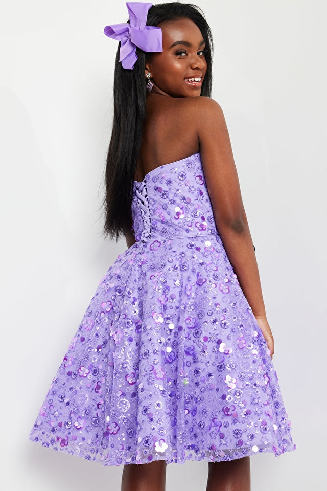 Jovani Kids K23685 Fit And Flare Beaded Strapless Lace up Back Girls Short Dress. Introducing the 'K23685' from Jovani Kids, a strapless monument to fun - literally a dress worth beading home about! Fitted at the waist and flared in the skirt, this sassy gown's lace-up back takes it to the next level. Get ready for a night to remember - and a dress that will look incredible in the pics!