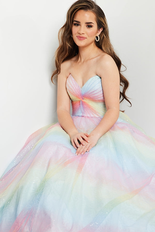 The Jovani Kids K23902 is an elegant gown featuring a sweetheart neckline and ruched bodice. The beautiful strapless design and multi-ruched ballgown skirt make for a truly stunning look for special occasions.