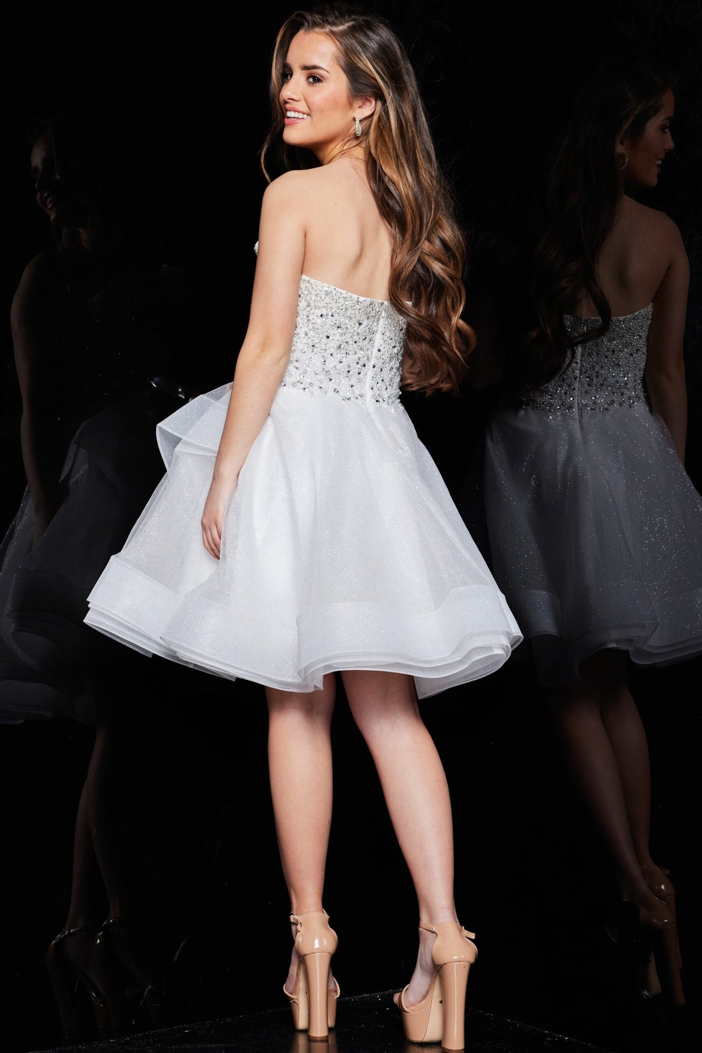 Jovani K24050 Size 14 Ivory Kids Fit and Flare Tiered Short Dress Crystals