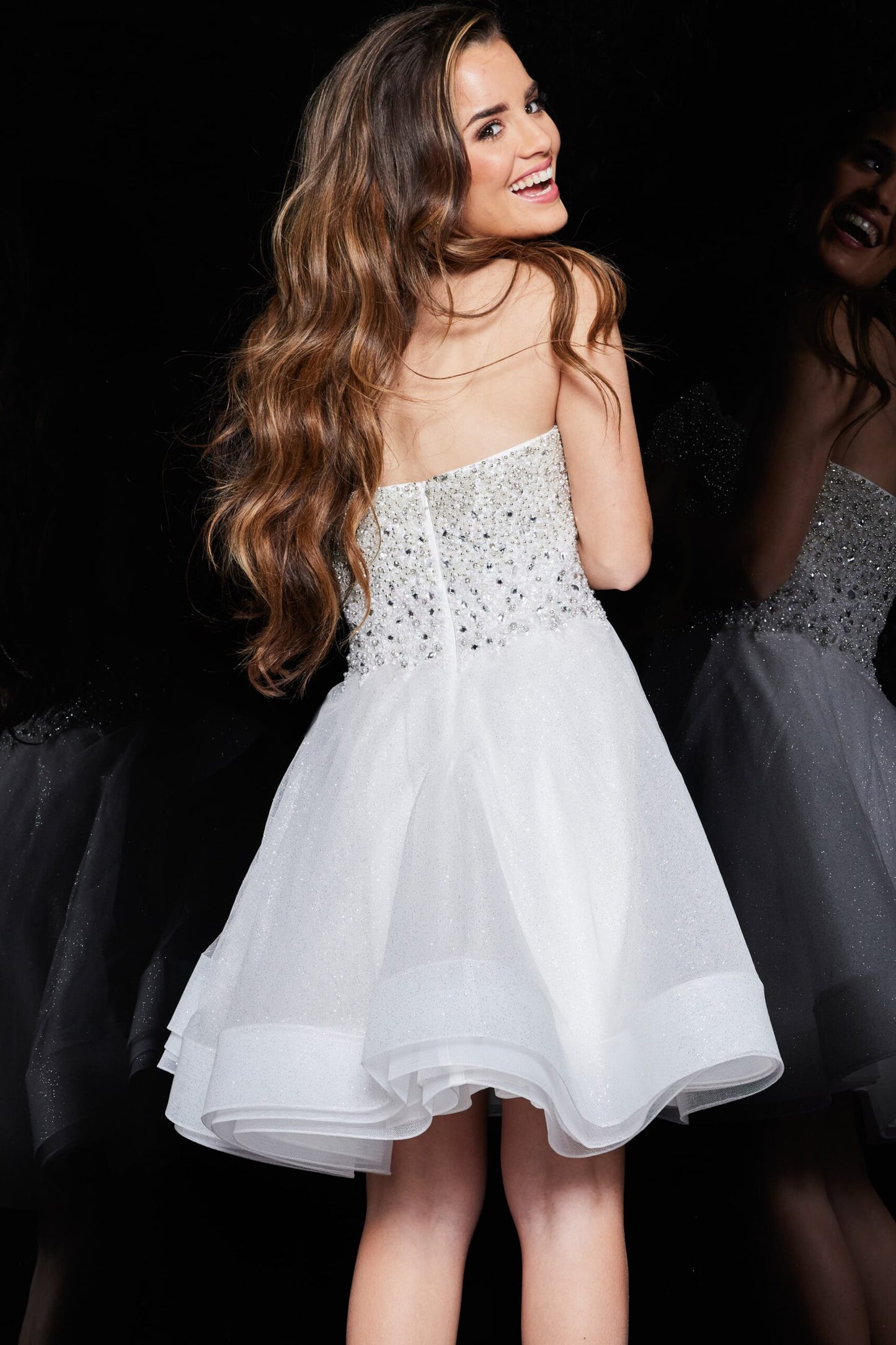 Jovani K24050 Size 14 Ivory Kids Fit and Flare Tiered Short Dress Crystals