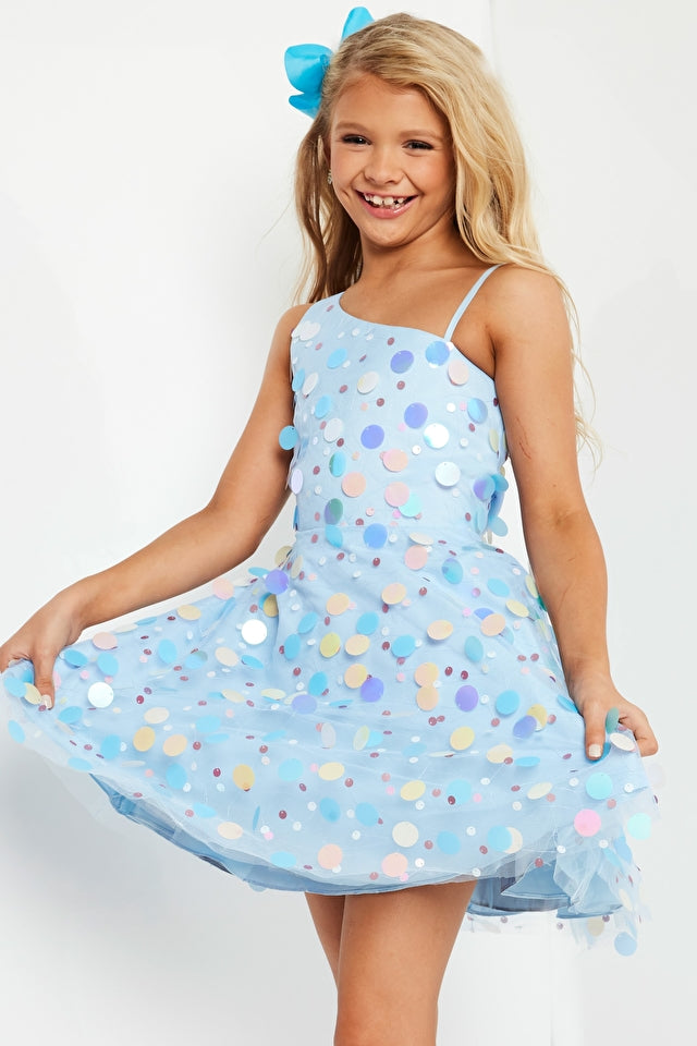 Jovani Kids K38174 Fit And Flare One Shoulder Sequin Girls Short Party Dress. Let your star shine in this Jovani Kids K38174 Fit And Flare One Shoulder Sequin Girls Short Party Dress! You’ll be the star of the show thanks to its sparkling sequins, one-shoulder silhouette, and sassy fit-and-flare design. Now, that’s one dress you’ll have fun flaunting!