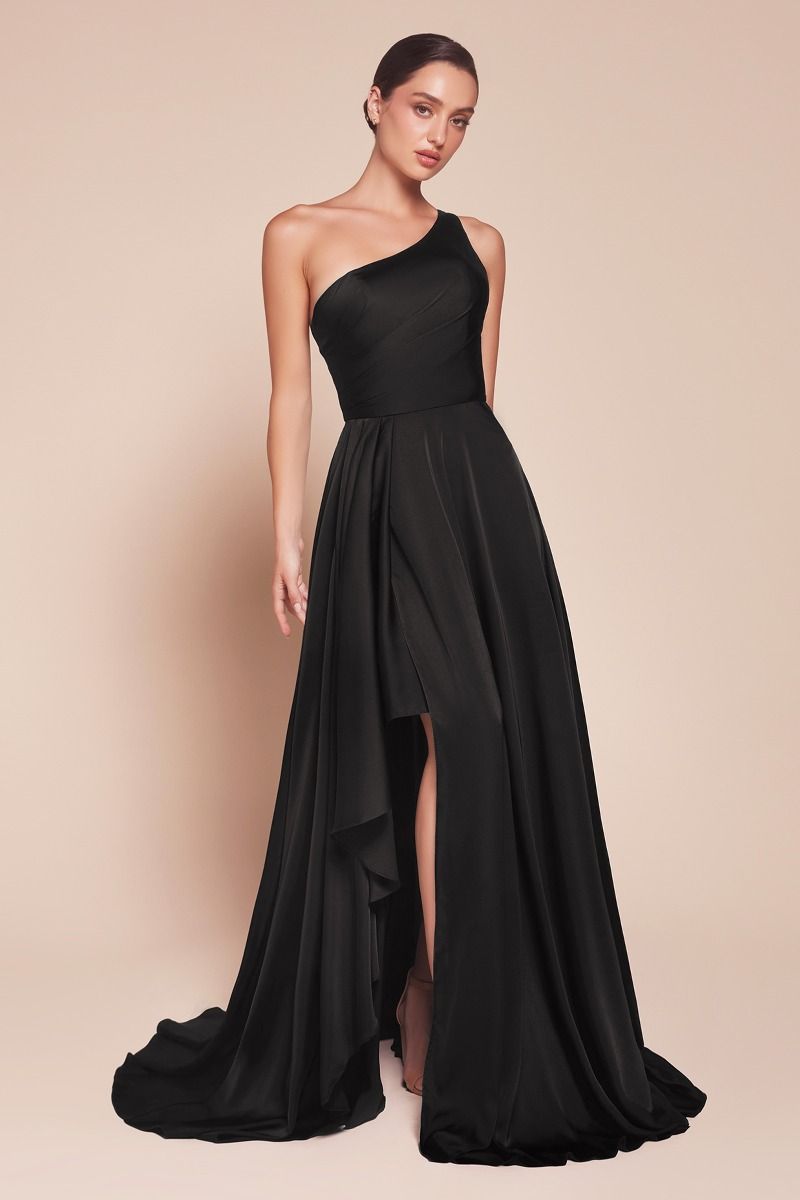 Ladivine 7450 One Shoulder Soft Satin A Line Dress, Black / 14 Ladivine 7450 One Shoulder Soft Satin A Line Dress, Black / 14