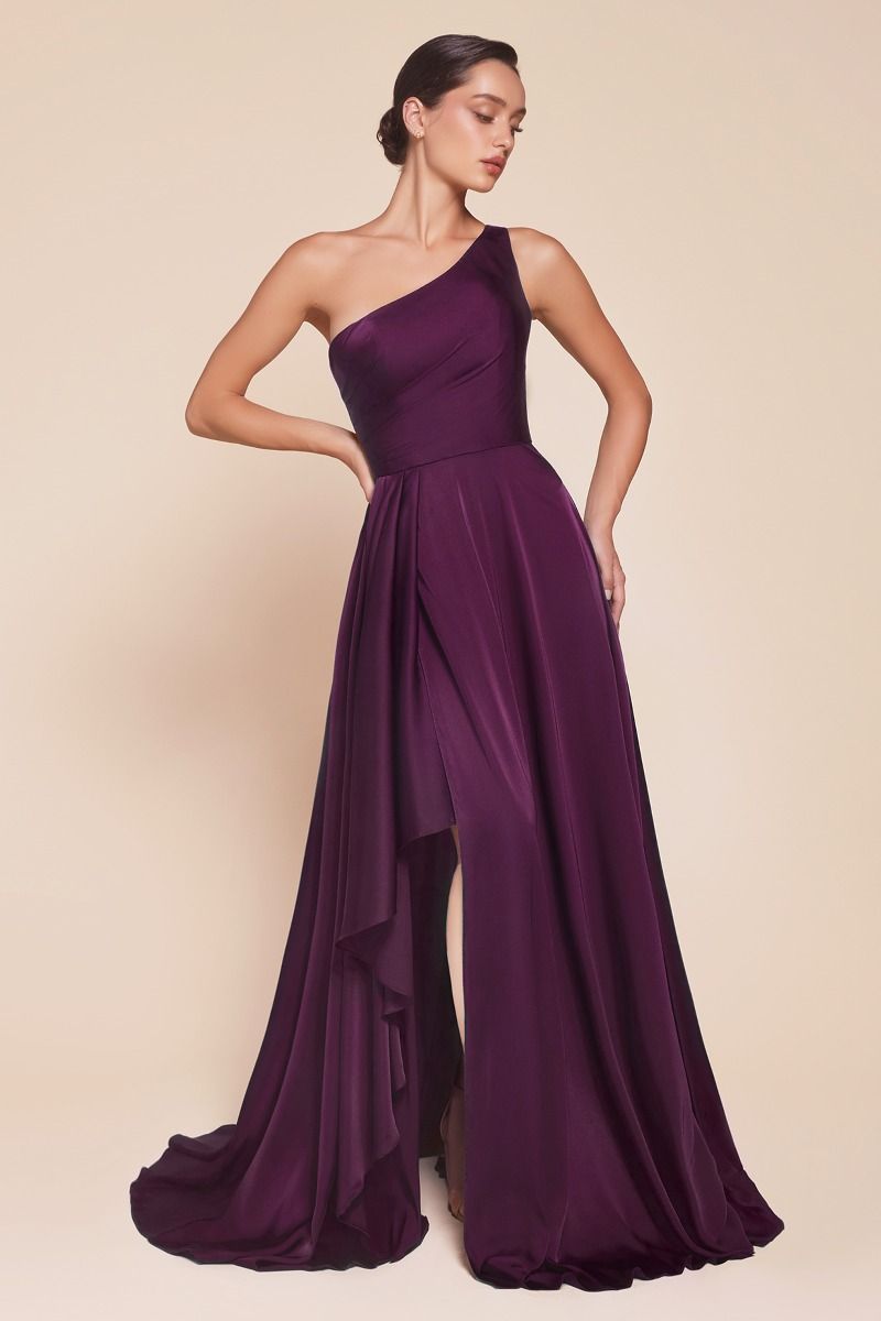 Ladivine 7450 One Shoulder Soft Satin A Line Dress, Eggplant / 8 Ladivine 7450 One Shoulder Soft Satin A Line Dress, Eggplant / 8