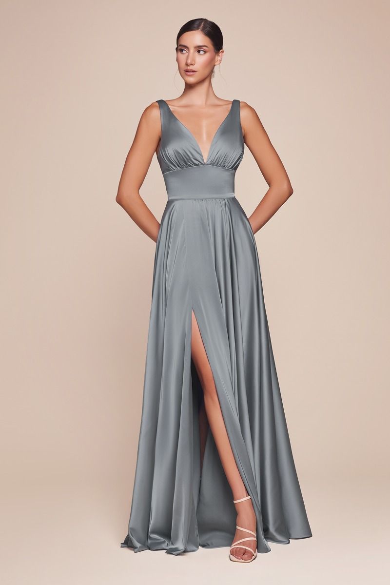 Ladivine 7469 Long Bridesmaids Dress Simple Slit Satin Formal Dress V Neck A Line Evening Gown 16 / Dusty Blue