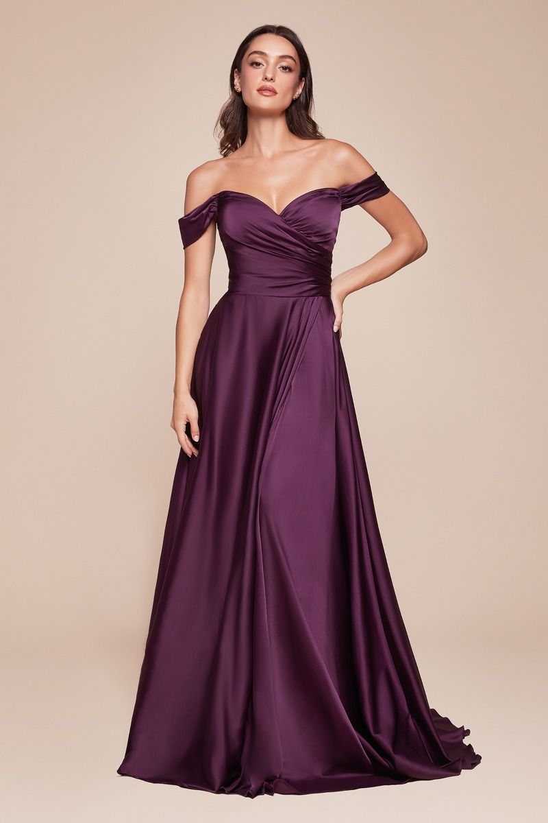 Ladivine 7493 Elegant A-line Satin Gown with Leg Slit 20 / Eggplant Ladivine 7493 Elegant A-line Satin Gown with Leg Slit 20 / Eggplant