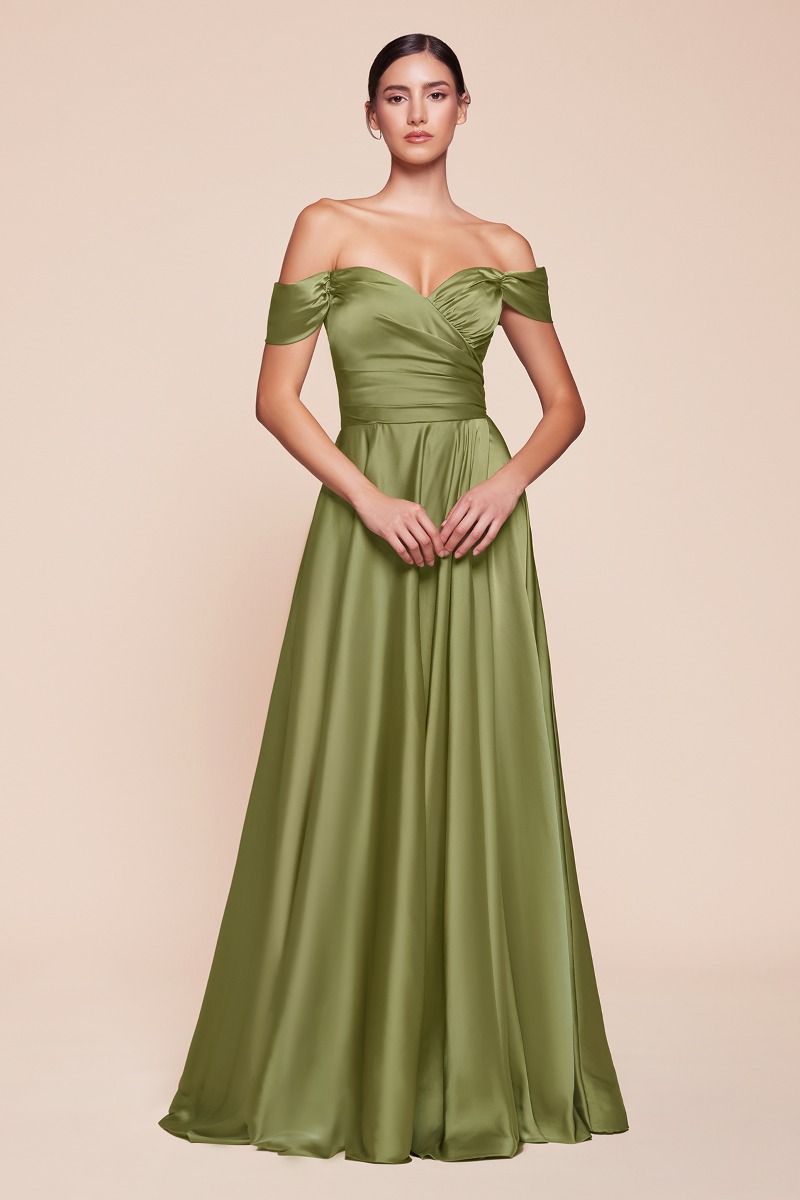 Ladivine 7493 Bridesmaids Dress A Line Soft Satin Maxi Slit Dress off the Shoulder Formal Bridesmaid 2 / Greenery