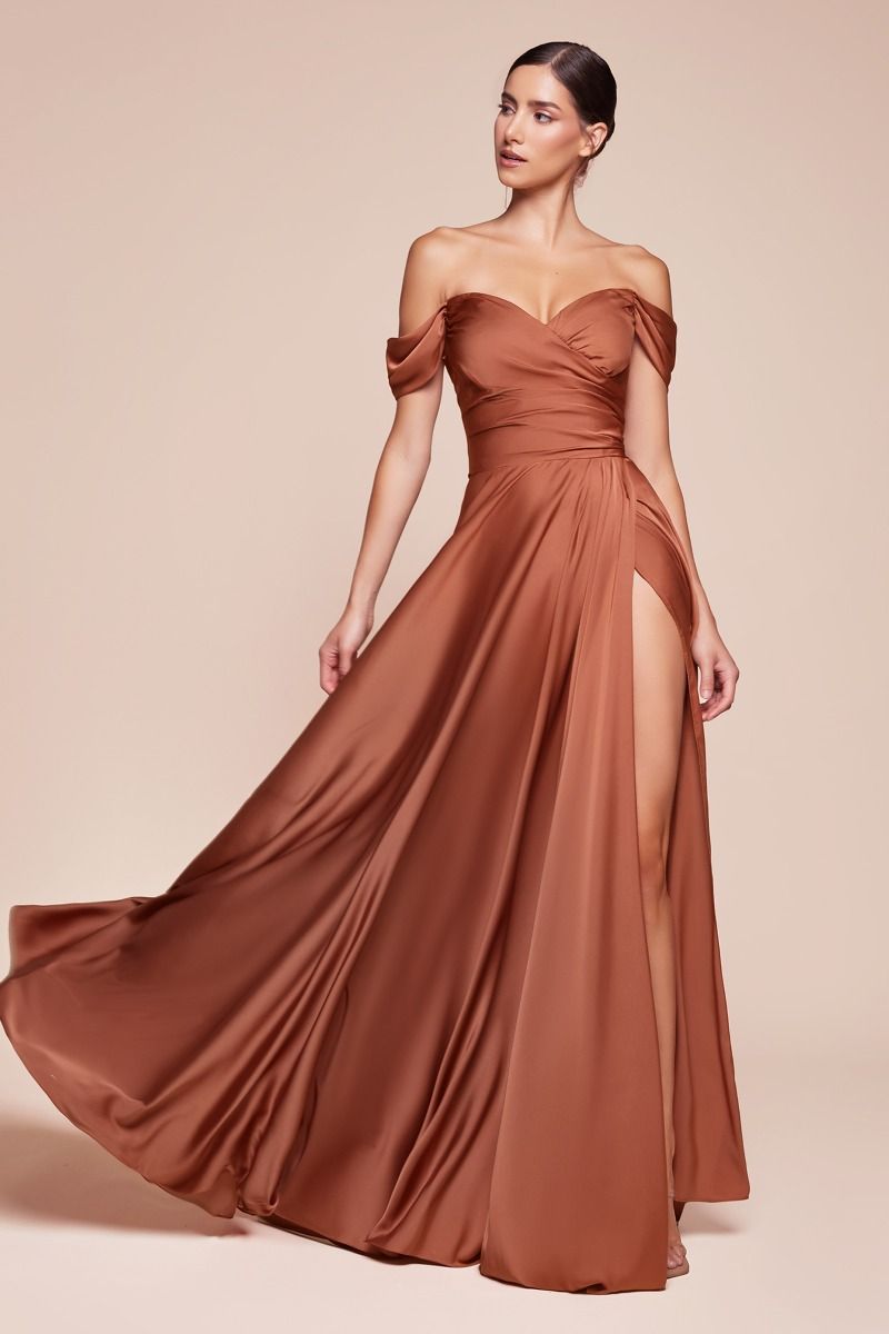 Ladivine 7493 Bridesmaids Dress A Line Soft Satin Maxi Slit Dress off the Shoulder Formal Bridesmaid 2 / Sienna