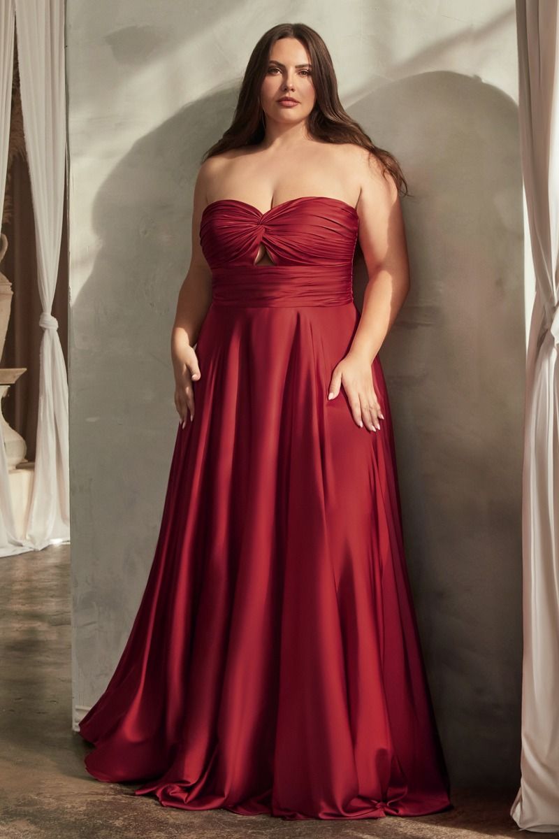 Ladivine 7496C Bridesmaids Dress Curvy Strapless A Line Soft Satin Keyhole Gown Burgundy / 24