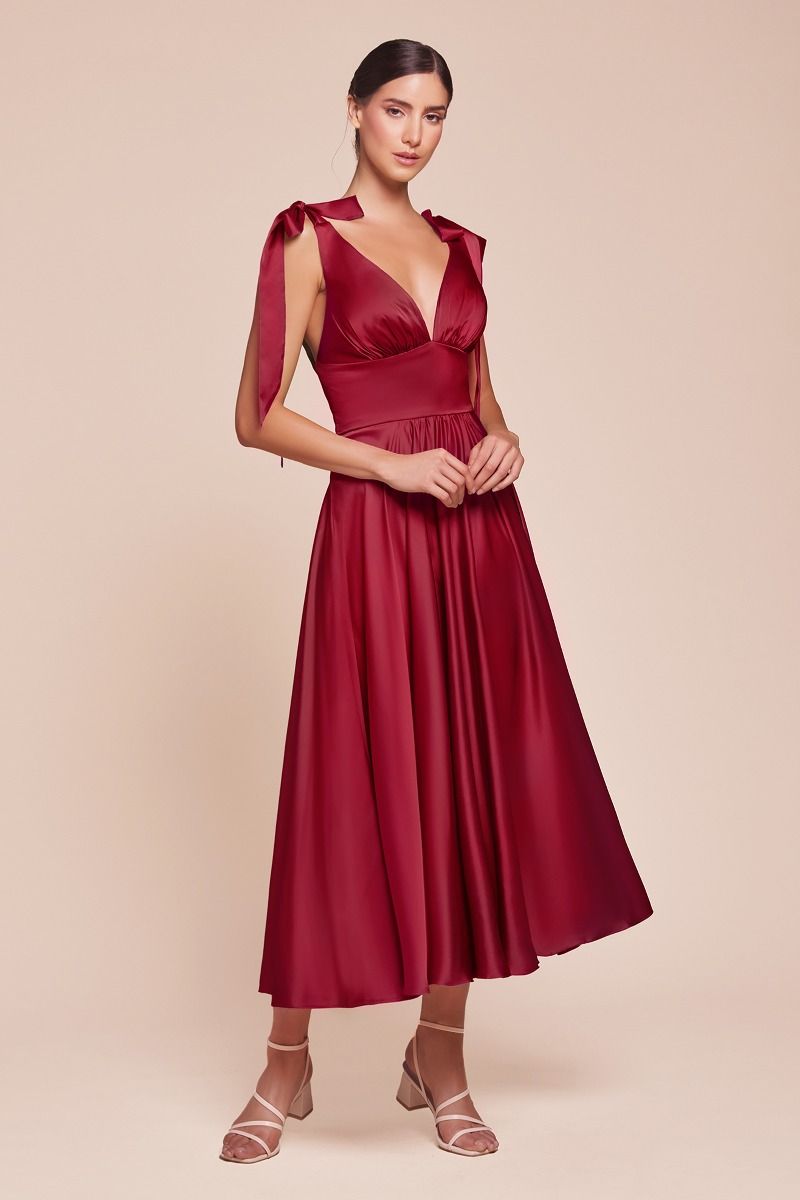 Ladivine 7499 Tea Length A Line Soft Satin Dress, Burgundy / 12 Ladivine 7499 Tea Length A Line Soft Satin Dress, Burgundy / 12