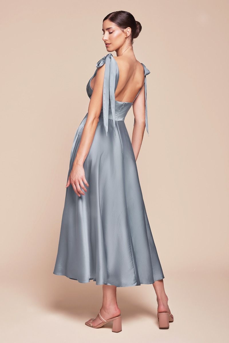 Ladivine 7499 Tea Length A Line Soft Satin Dress, Dusty Blue / 6 Ladivine 7499 Tea Length A Line Soft Satin Dress, Dusty Blue / 6