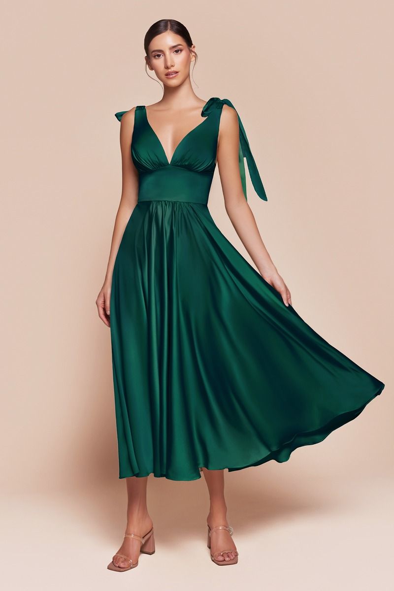 Ladivine 7499 Bridesmaids Dress Tea Length Mother of Wedding Guest Formal Gown Emerald / 14