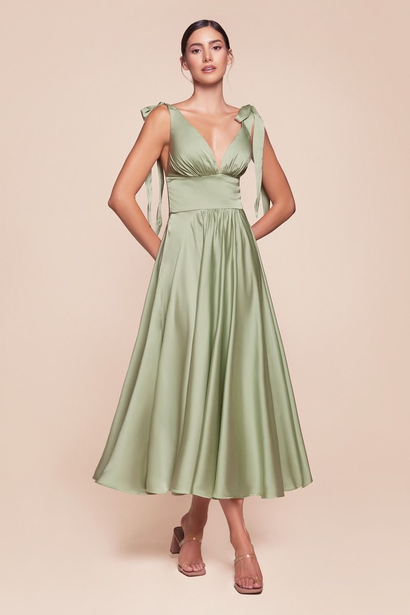 Ladivine 7499 Bridesmaids Dress Tea Length Mother of Wedding Guest Formal Gown Sage / 4