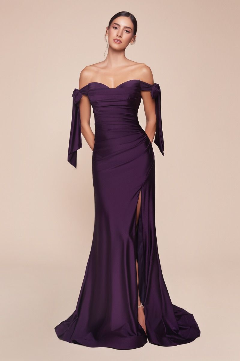 Ladivine CD943 Evening Bridesmaids Dress Off the Shoulder Tie Straps Fitted Ruched with Slit 14 / Eggplant Ladivine CD943 Evening Bridesmaids Dress Off the Shoulder Tie Straps Fitted Ruched with Slit 14 / Eggplant