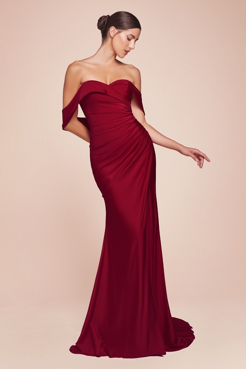 Ladivine CD790 Off Shoulder Stretch Spandex Satin Leg Slit Dress, Burgundy / 12 Ladivine CD790 Off Shoulder Stretch Spandex Satin Leg Slit Dress, Burgundy / 12