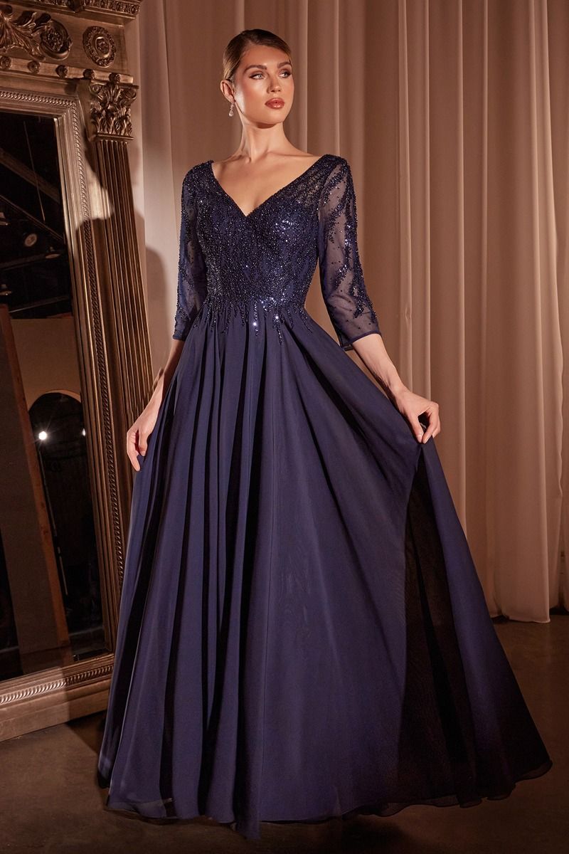 Ladivine CD0171 Long Chiffon A Line Mother of Bride Evening Dress Sheer Sleeve Beaded V Neck Gown XL / Navy Ladivine CD0171 Long Chiffon A Line Mother of Bride Evening Dress Sheer Sleeve Beaded V Neck Gown XL / Navy