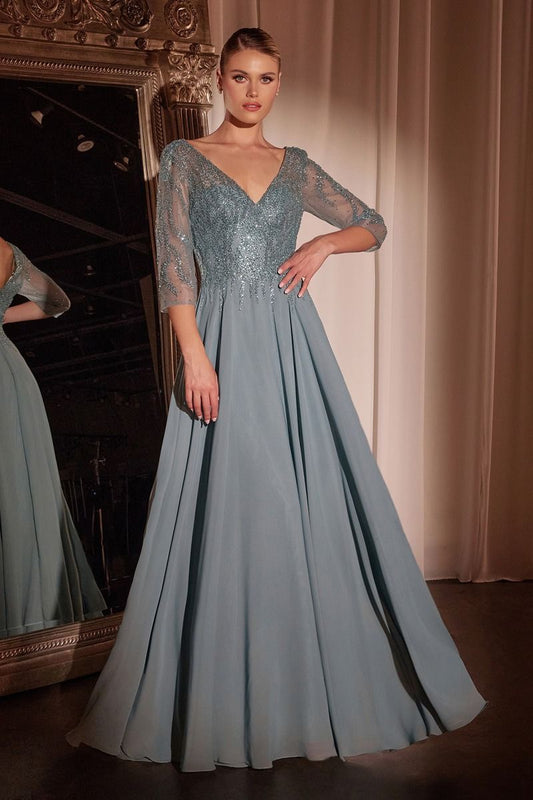 Ladivine CD0171 Sea Mist Long Chiffon A Line Mother Of Bride Evening Dress Sheer Sleeve Beaded V Neck Evening Gown
